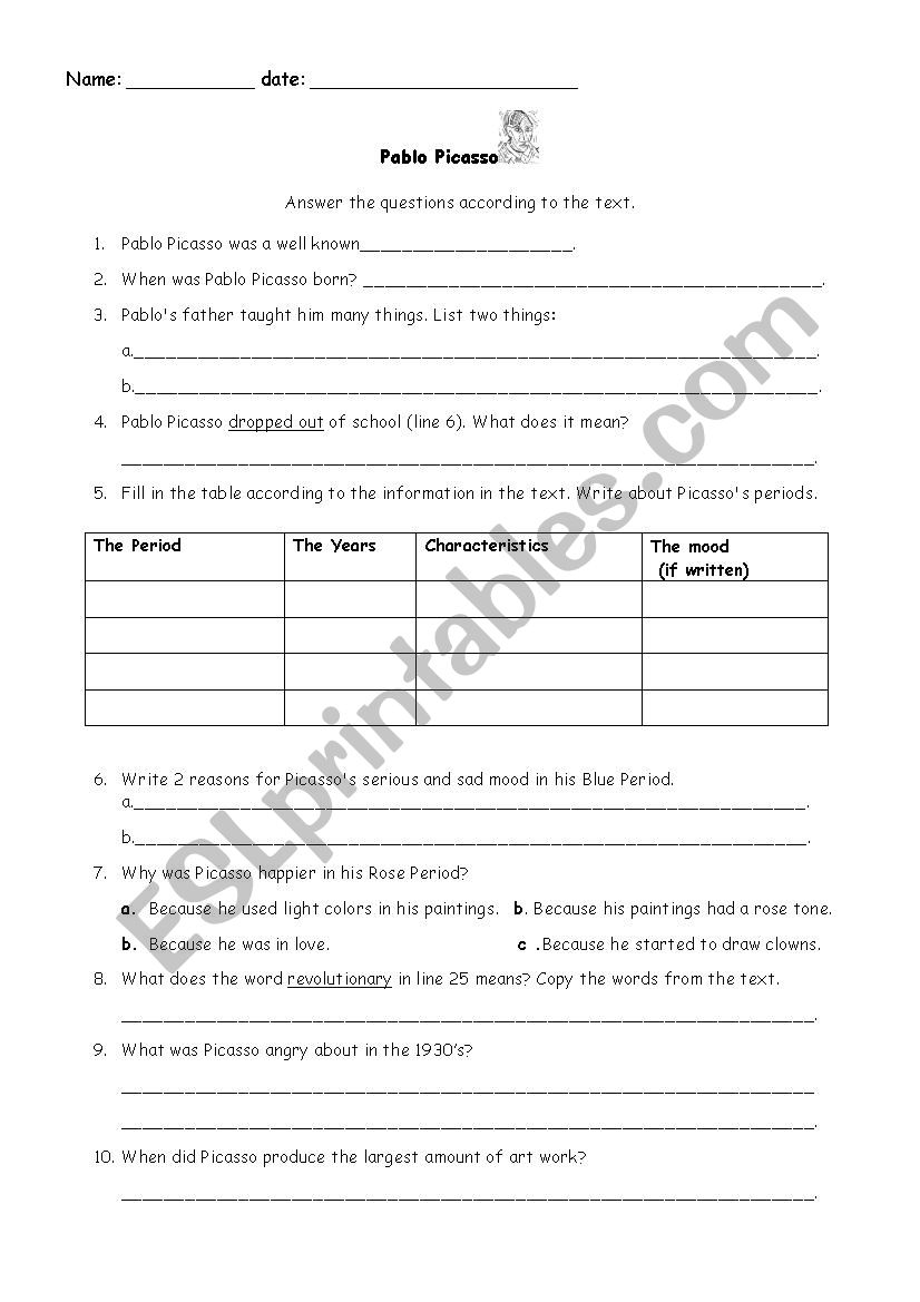 Pablo Picasso worksheet