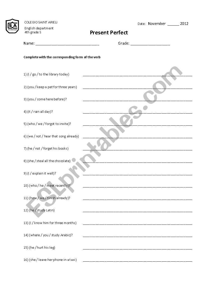 Family verbs Present Perfect worksheet
