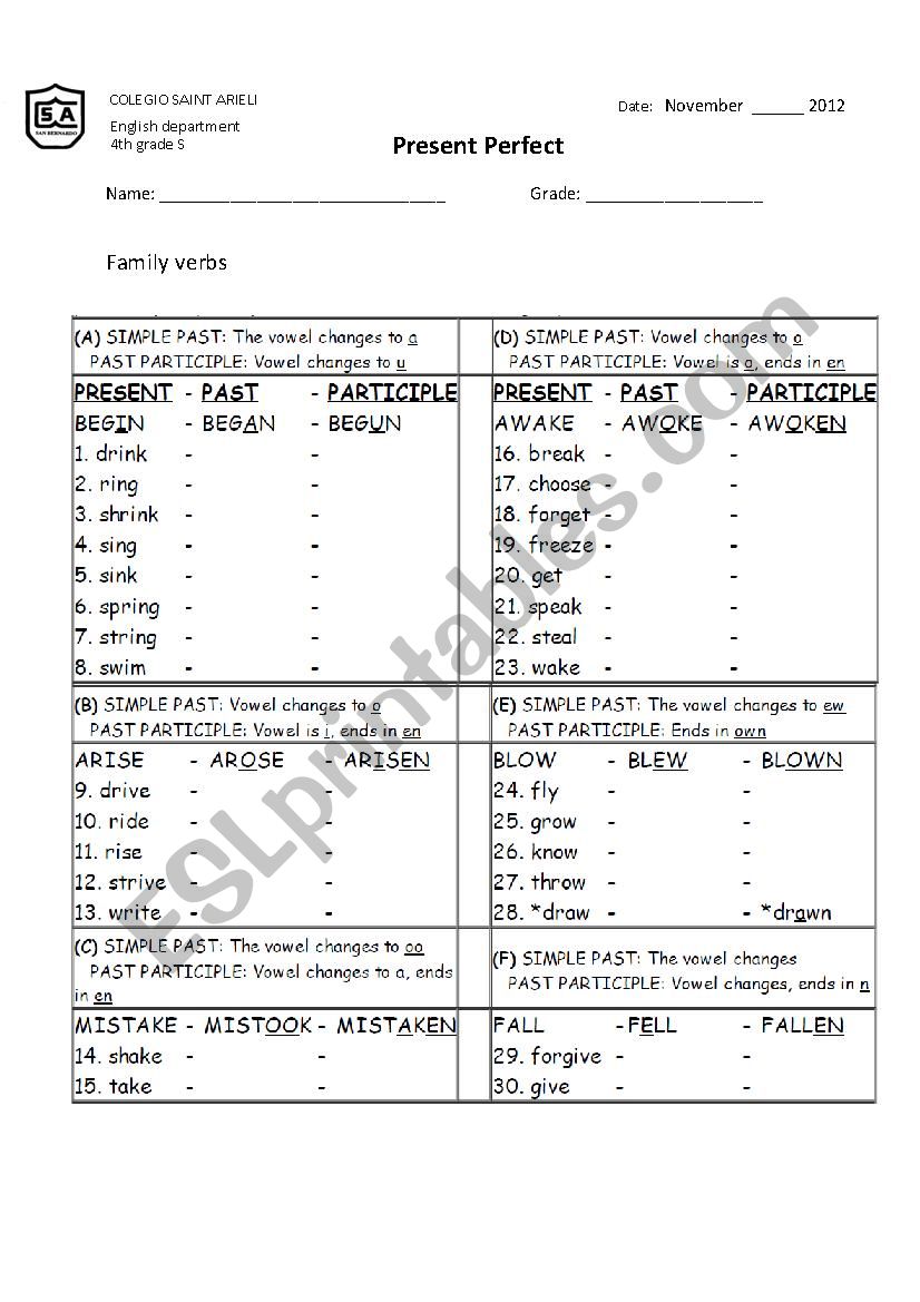 past participle verbs family worksheet