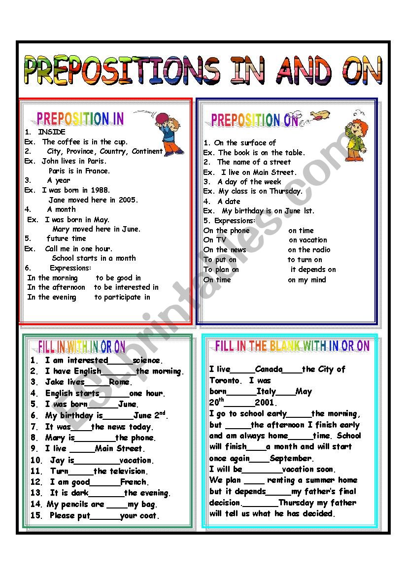 PREPOSITIONS IN AND ON - ANSWER KEY INCLUDED