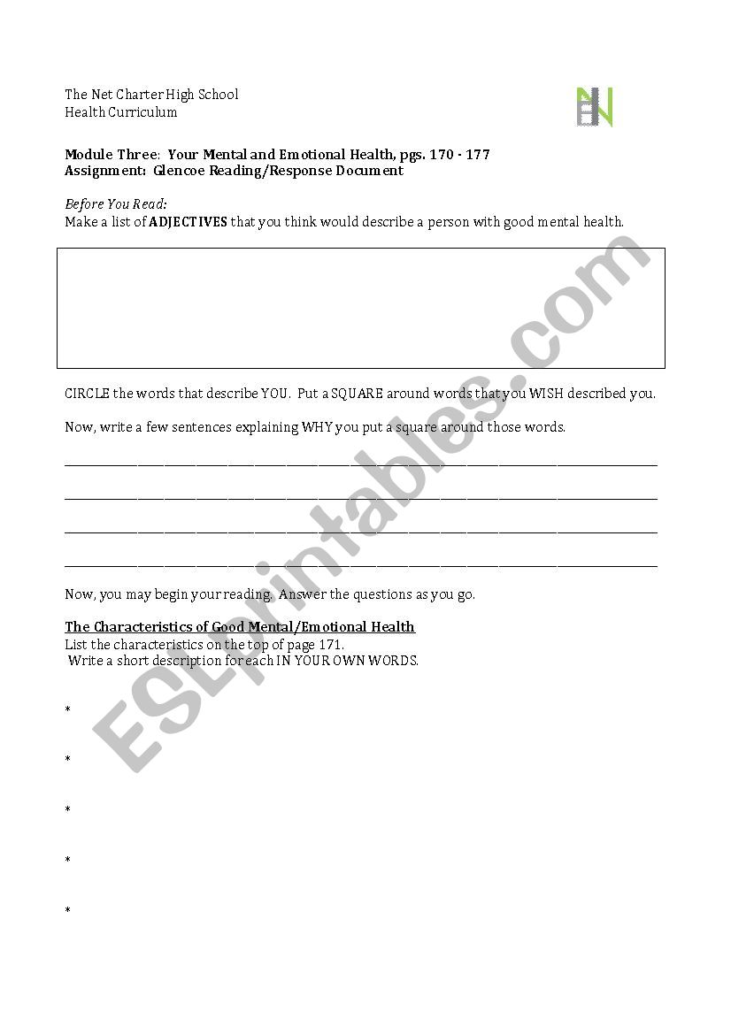 Glencoe Health Mental and Emotional Health ESL worksheet by ccs217