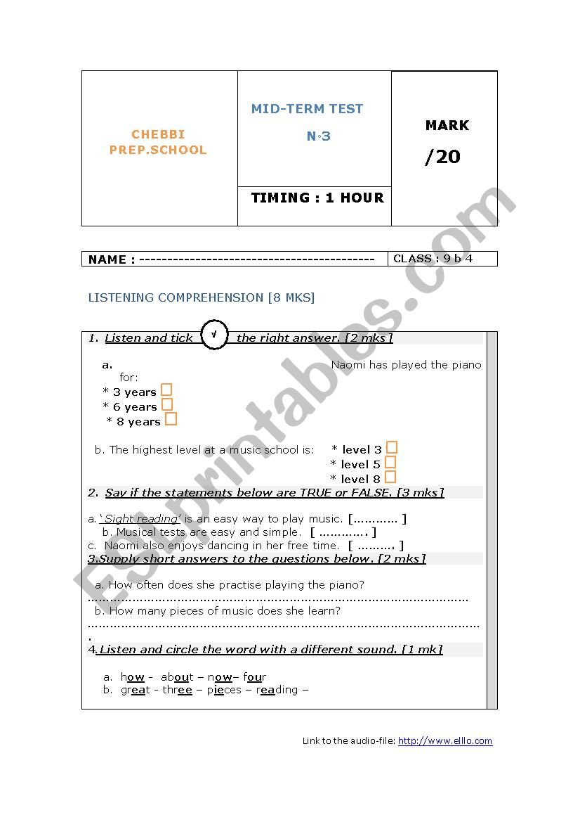 mid - term test 3 grade 9 tunisian students