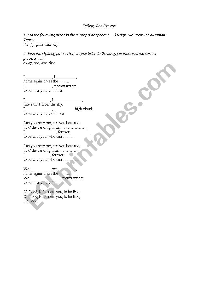 Sailing by Rod Stewart worksheet