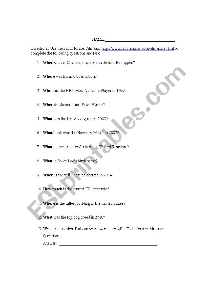 Almanac questions worksheet