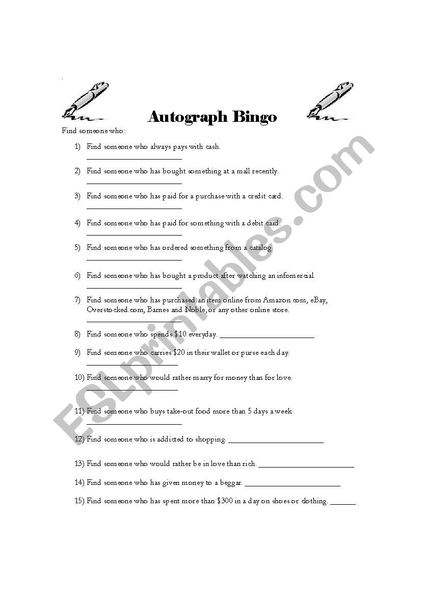 Autograph Bingo worksheet