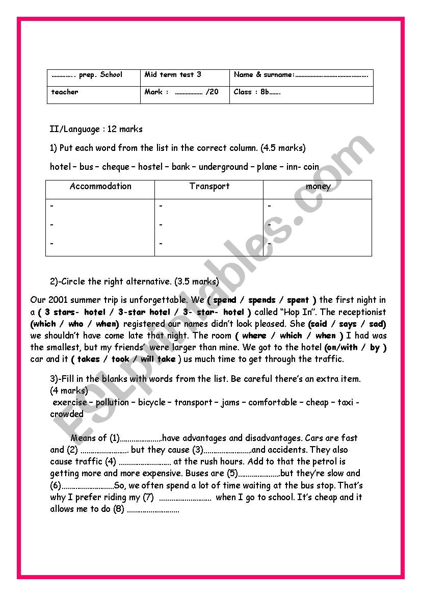 8th form mid term test 3 part 2 language