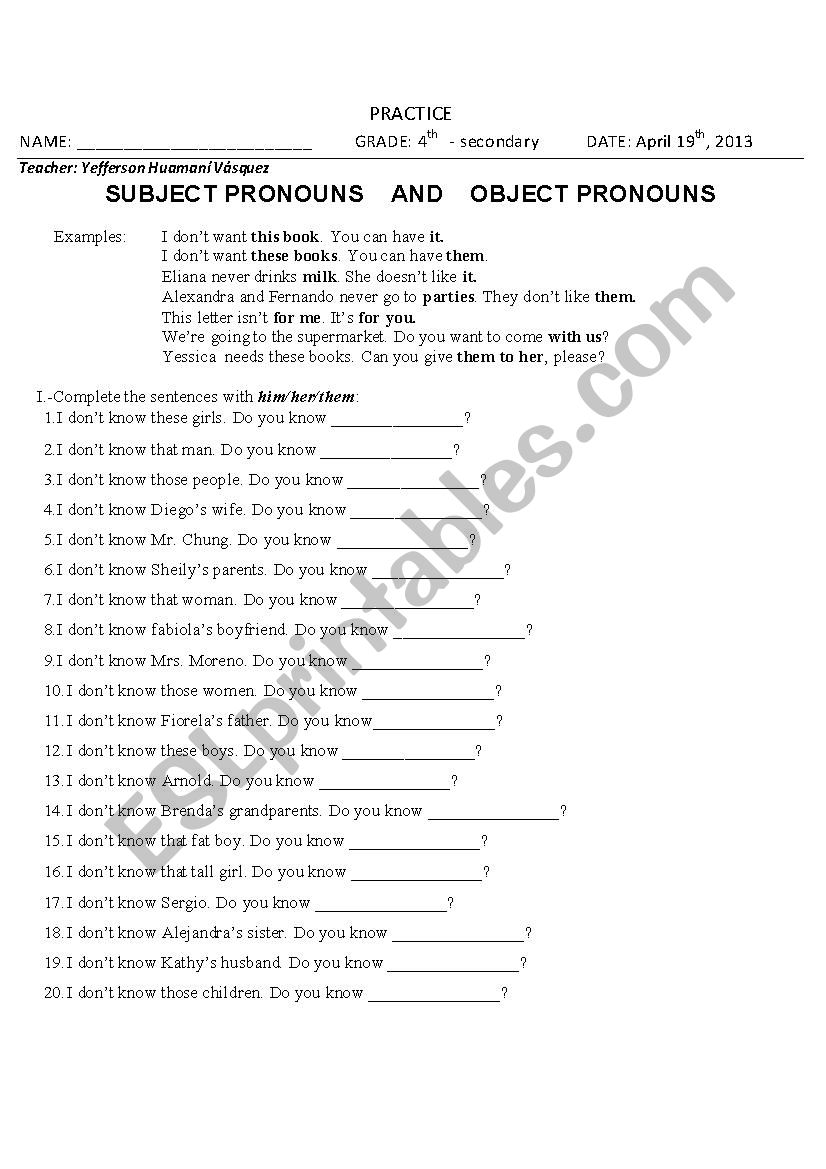 object and subject pronouns worksheet