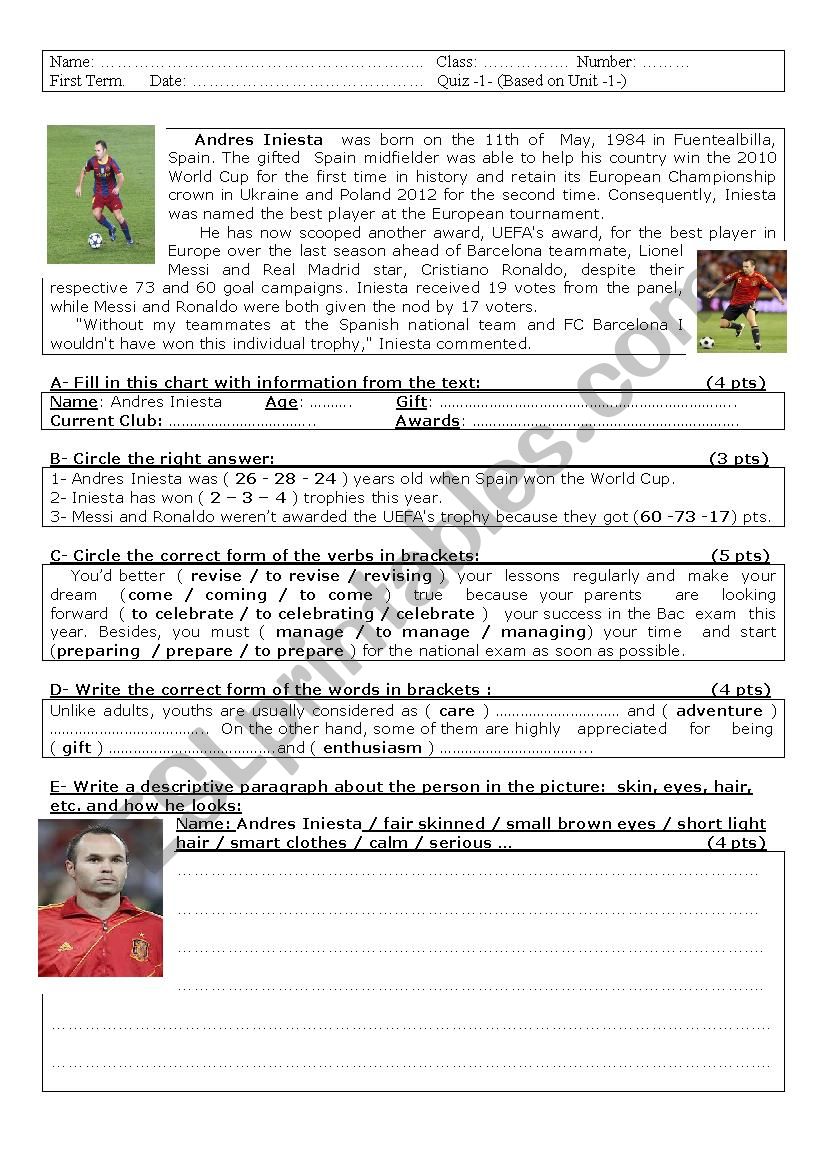 Andres Iniesta worksheet