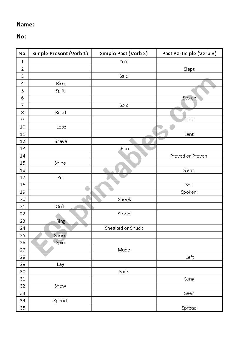 Irregular Verb Worksheet 3 (I-S)