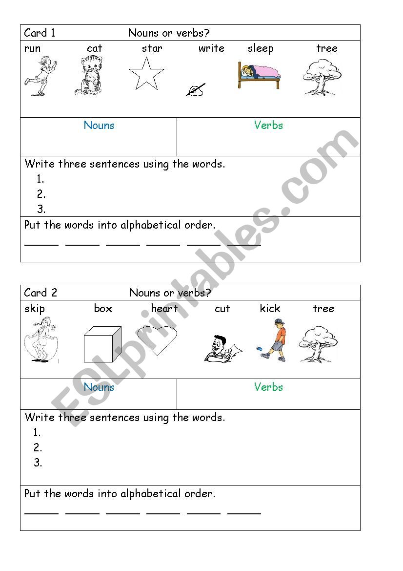 nouns and verbs workcards part one