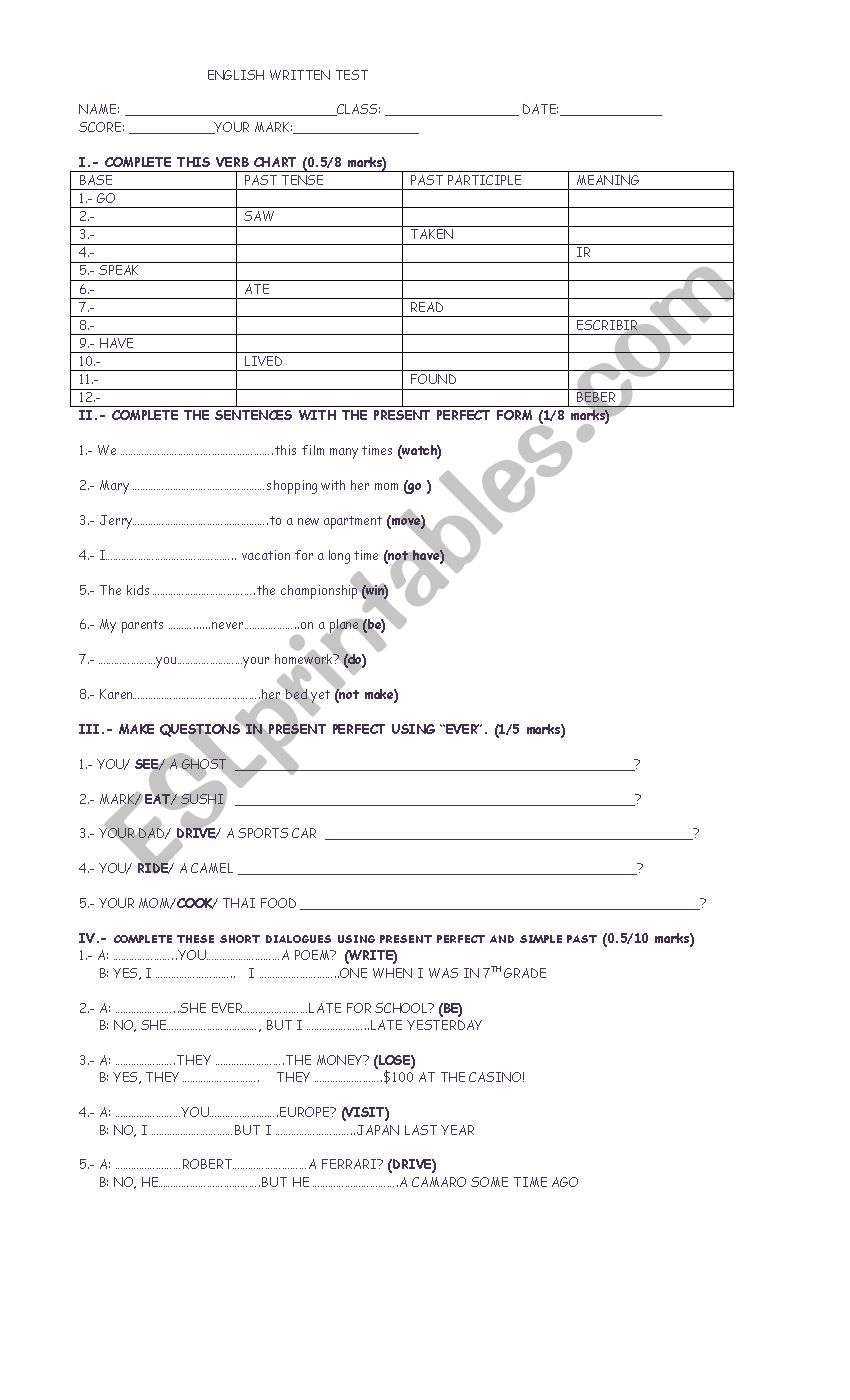 english written test worksheet