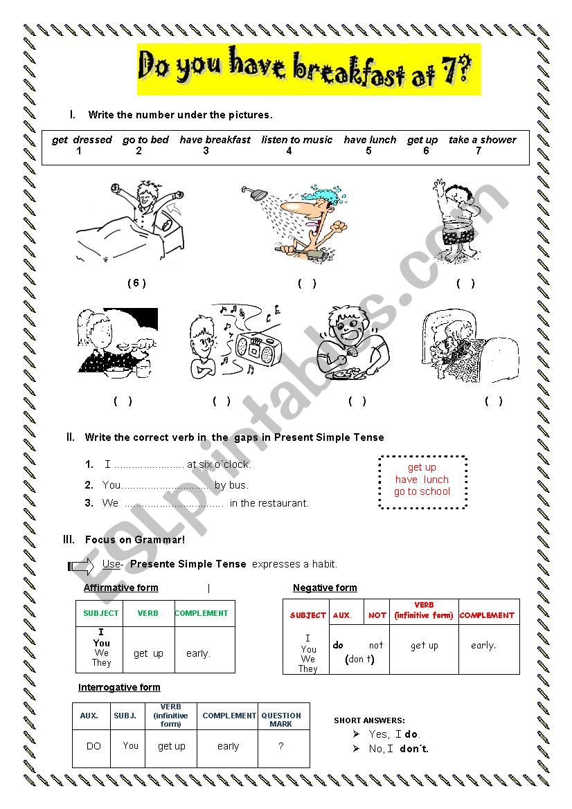 do you have breakfast at 7? worksheet