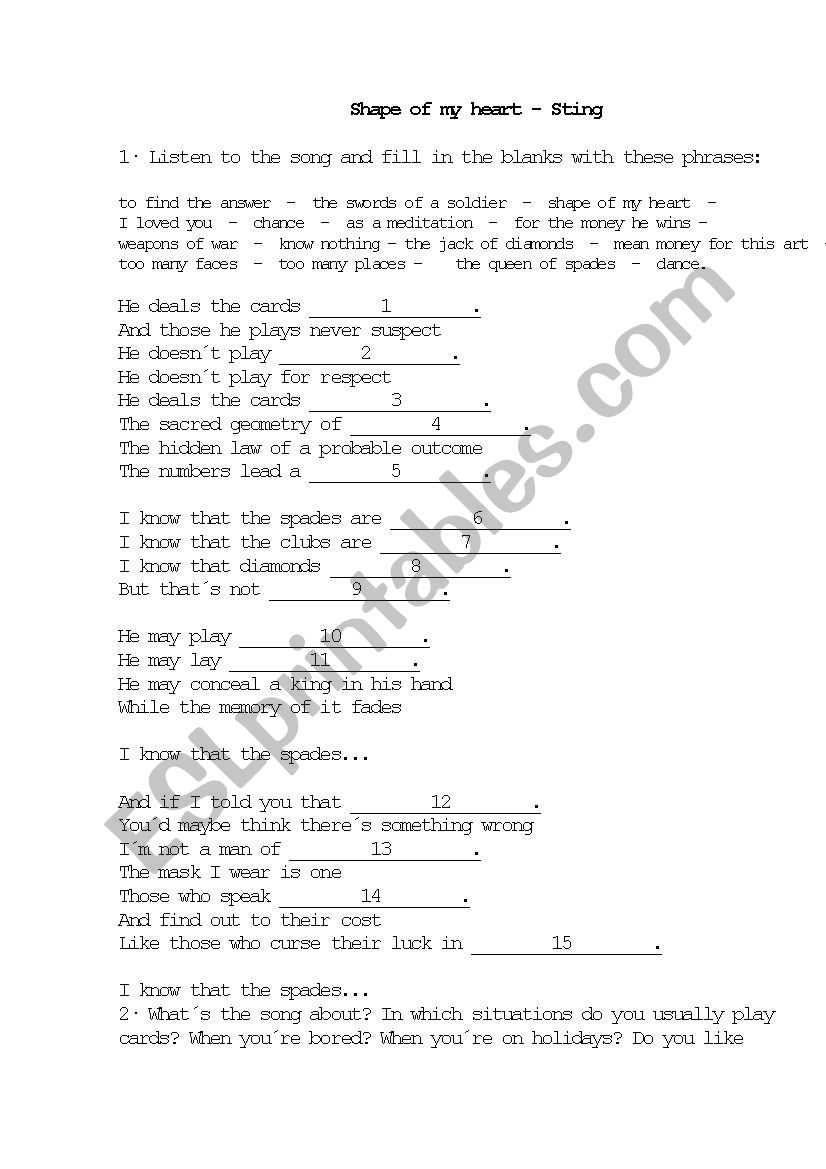 Shape of my heart, Sting worksheet