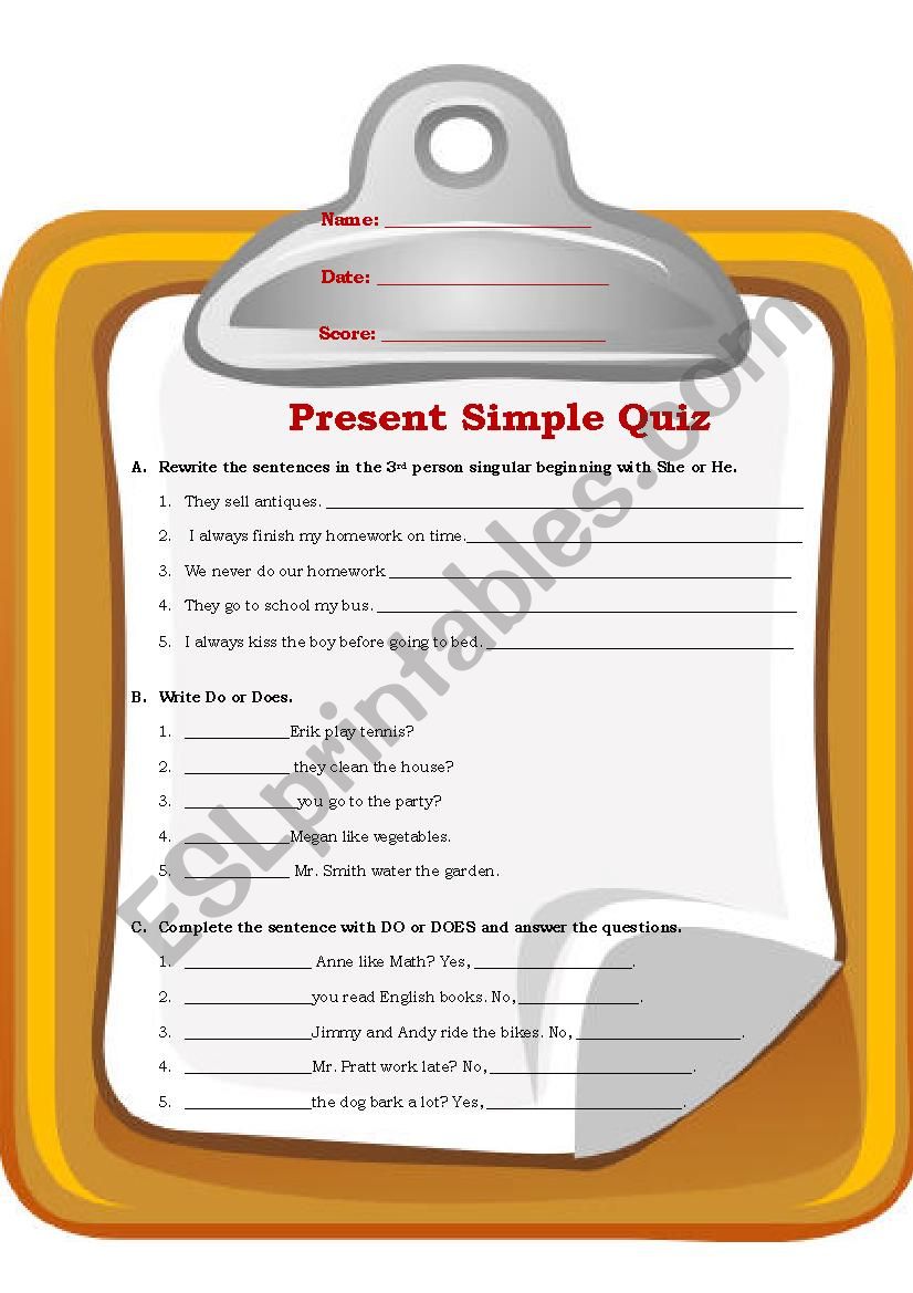 Present Simple Quiz worksheet