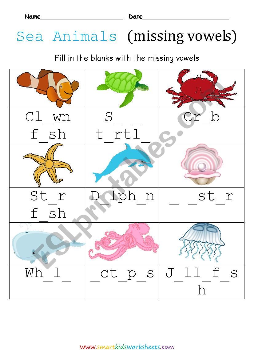 Sea animals missing vowels worksheet