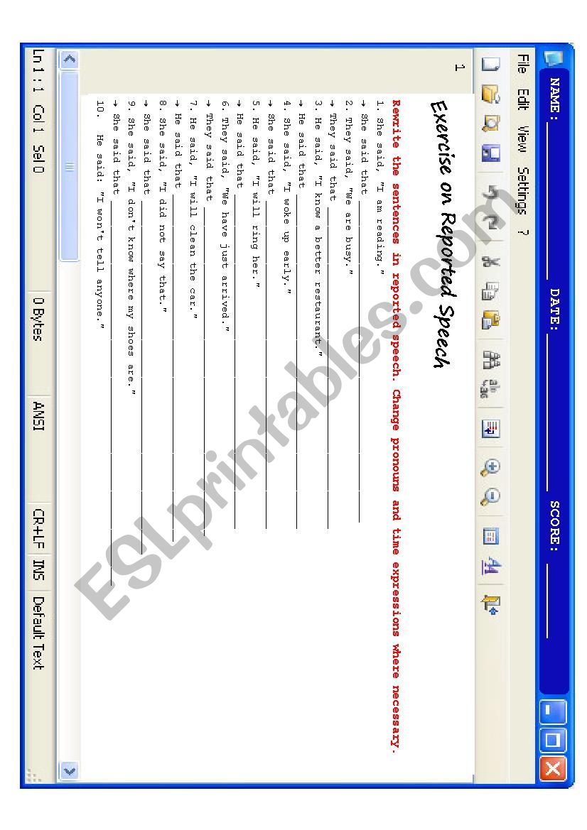 Reported Speech worksheet