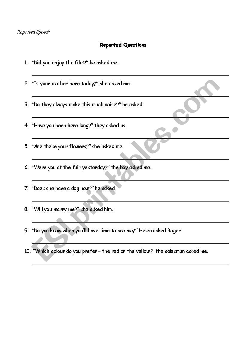 Reported Speech Questions worksheet