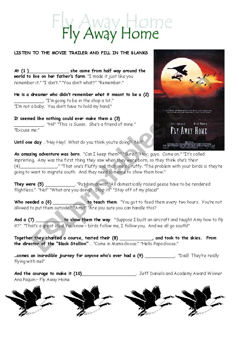 Fly Away Home Trailer worksheet