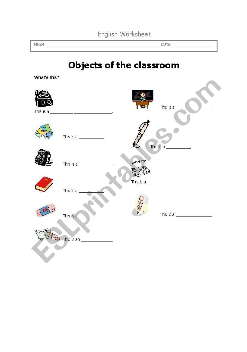 Objects of the classroom worksheet