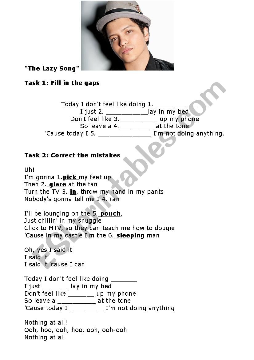 The Lazy Song worksheet