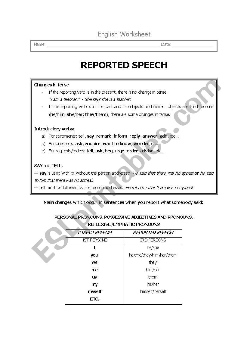 Reported Speech worksheet