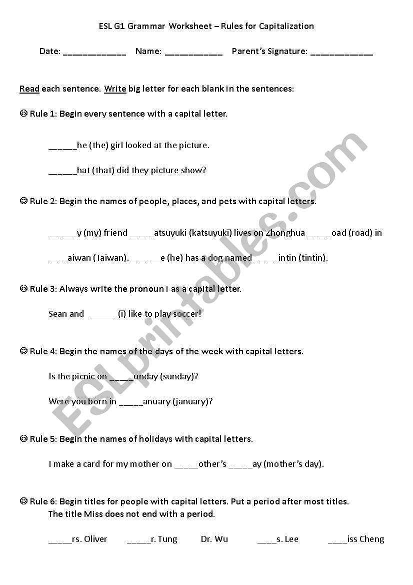 ESL- G1 Grammar - Rules for Capitalization 