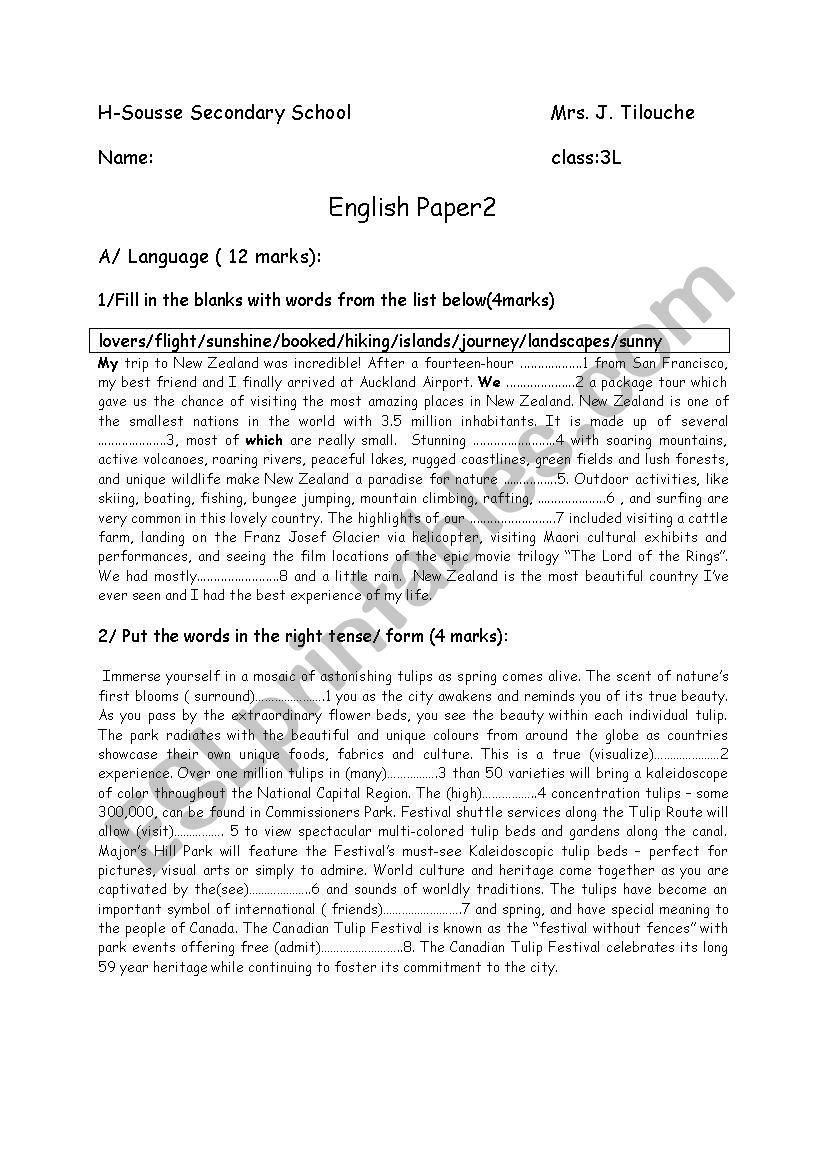 term 2 paper 3rd form worksheet
