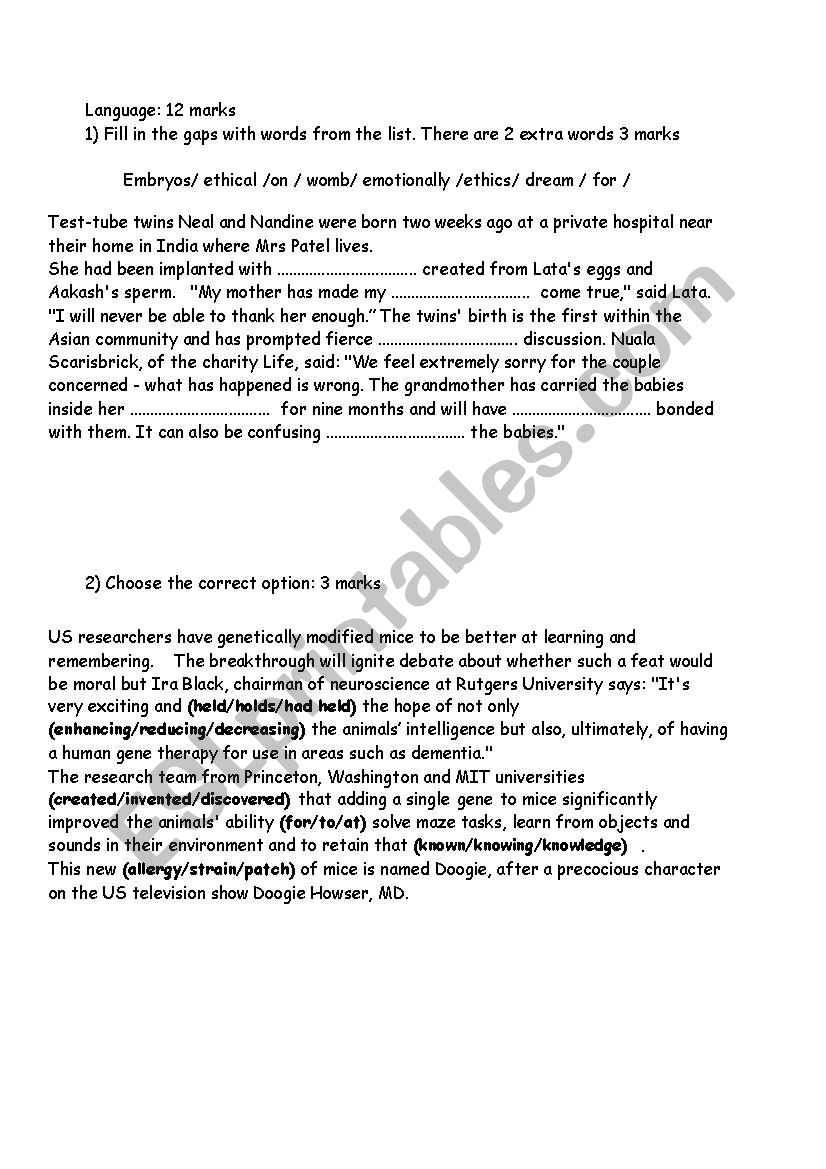 Mid-term-test 2 for 3rd year experimental sciences 2011