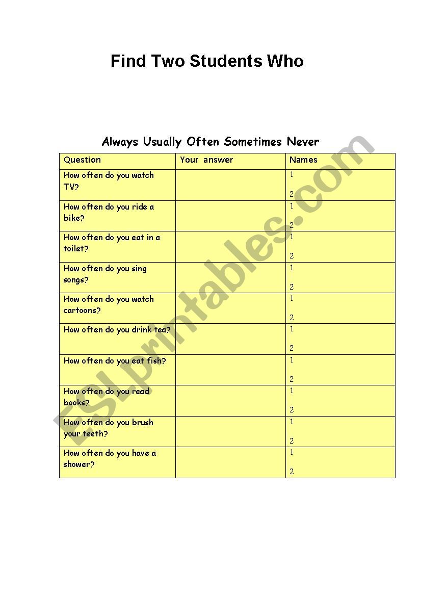 Find two students who worksheet