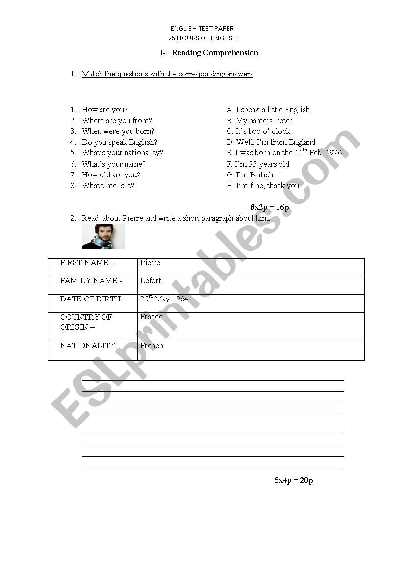 Test of English worksheet