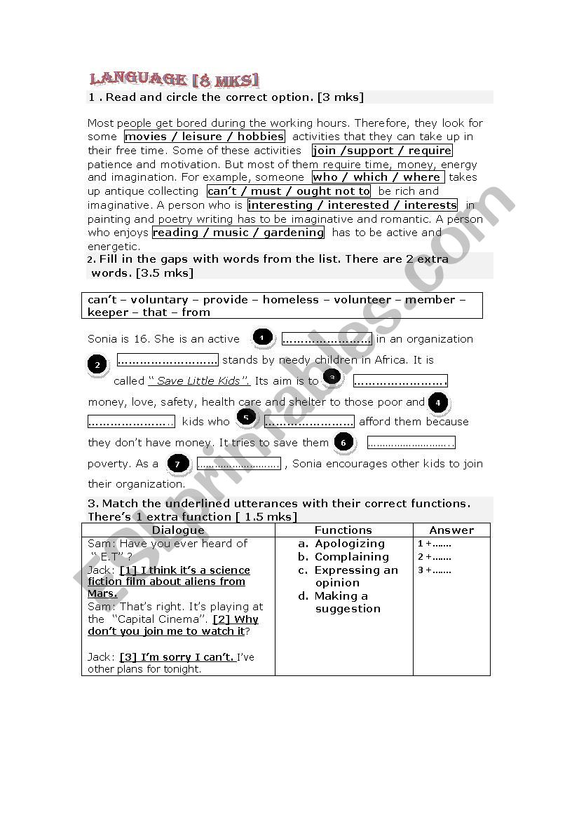 end-of-term test 3 // language tasks// 9th formers tunisian schools