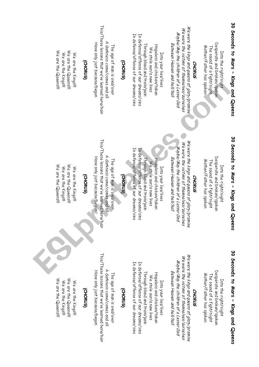 30 Seconds To Mars Lyrics Extra Word Exercise Esl Worksheet By