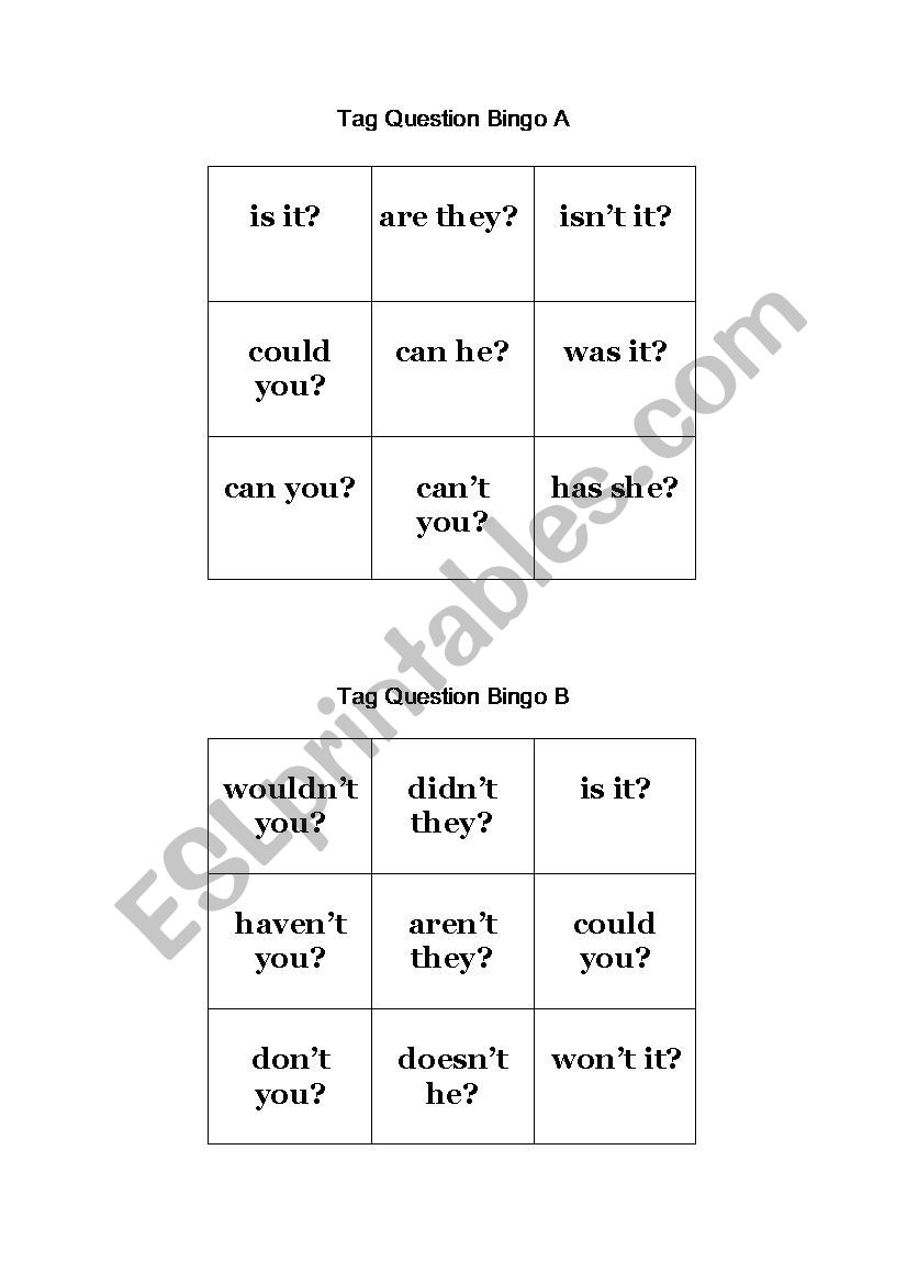 Tag Question Bingo Activity worksheet