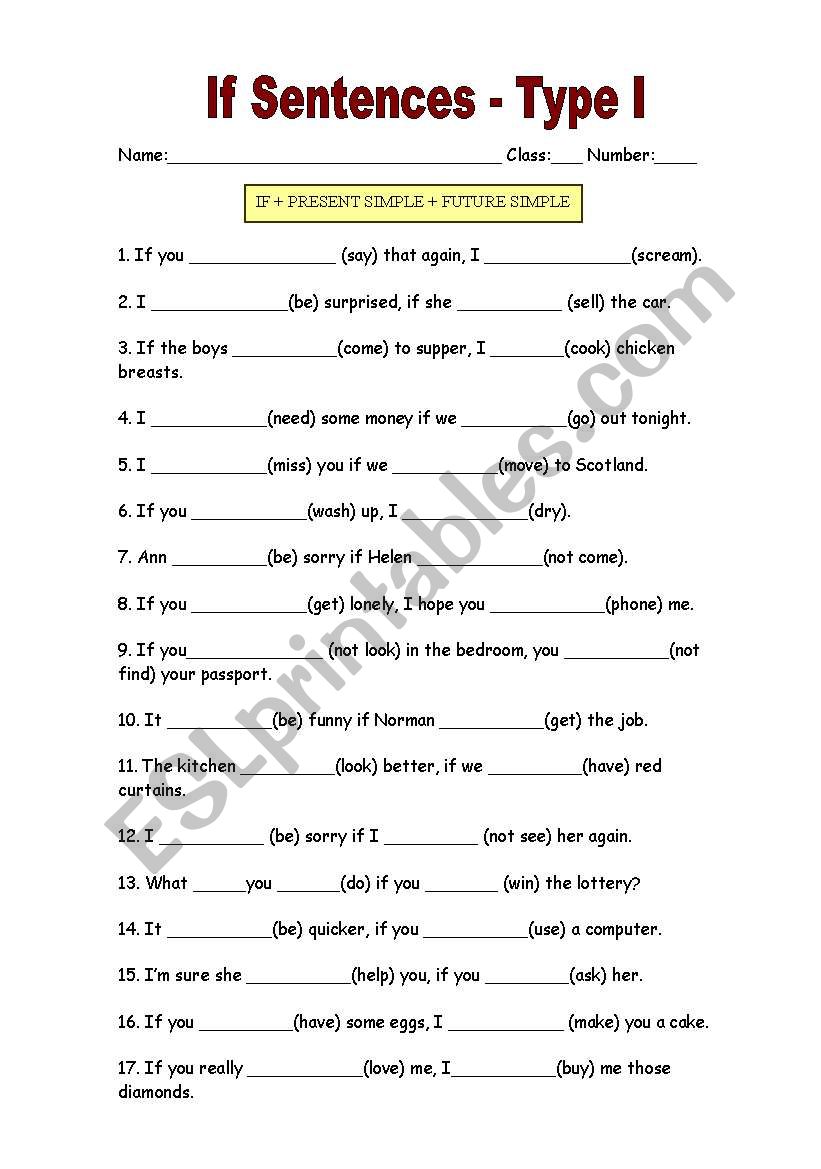 if sentences type I worksheet