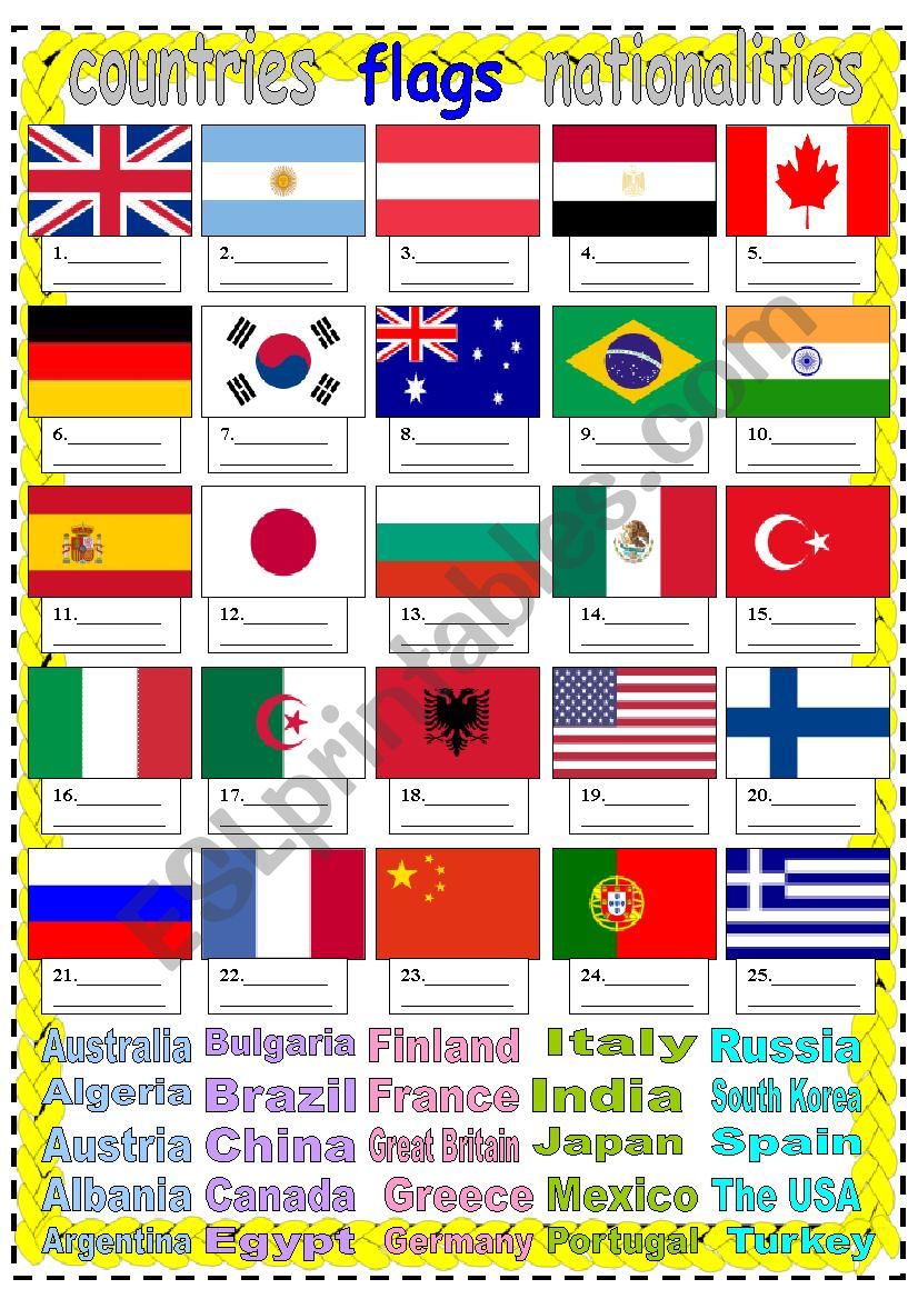countries flags nationalities worksheet