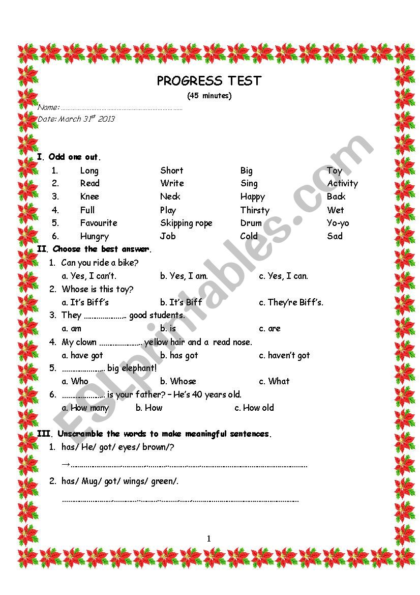 Progress Test for kids worksheet