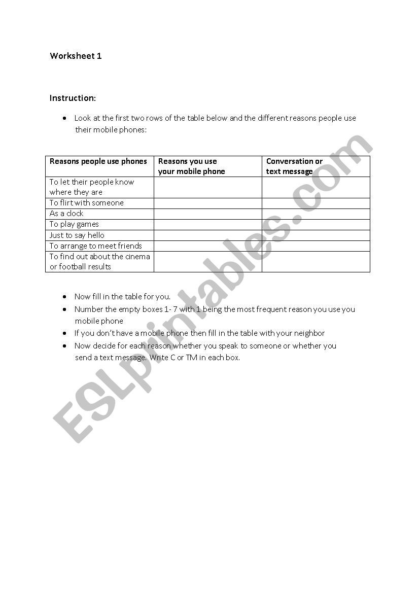 Using mobile phones worksheet