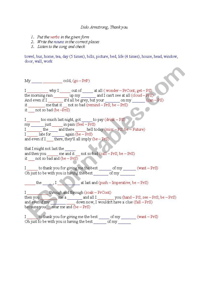 Thank you by Dido Armstrong worksheet