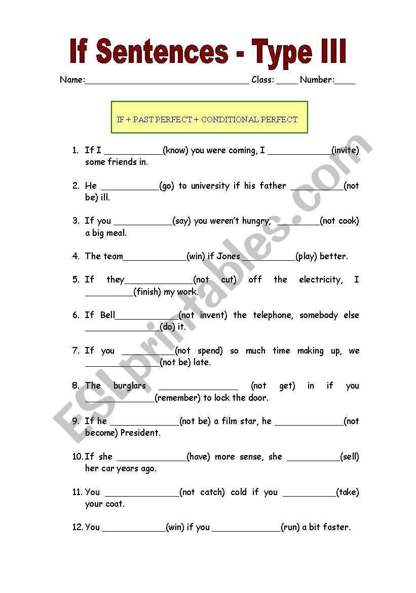 if sentences - type 3 worksheet