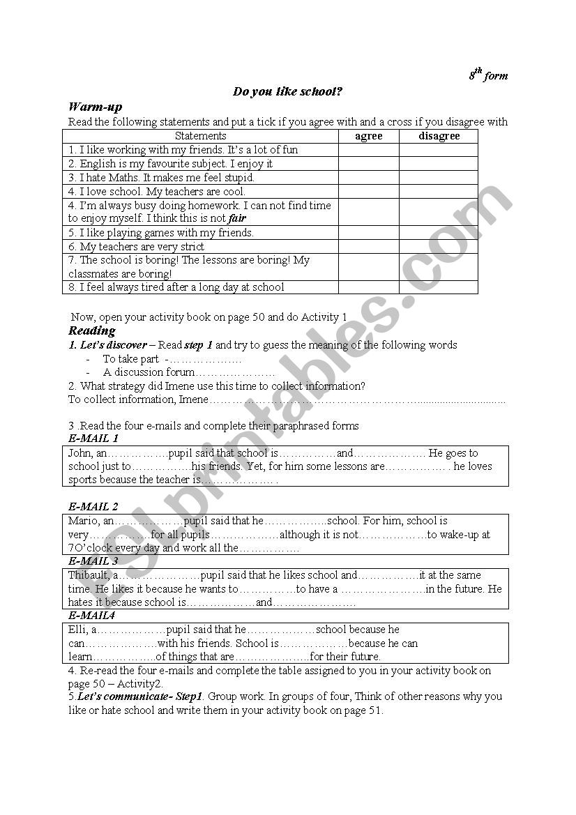 Do you like school?: English ESL worksheets pdf & doc