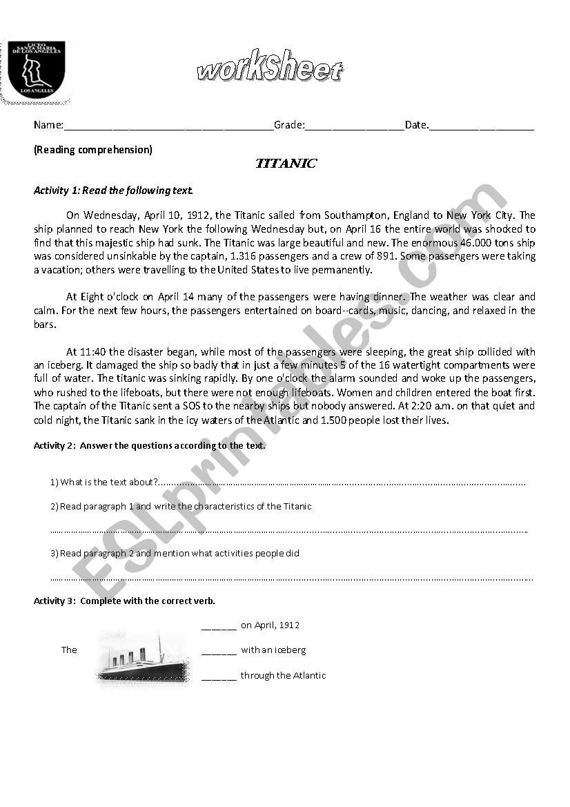 Titanic worksheet