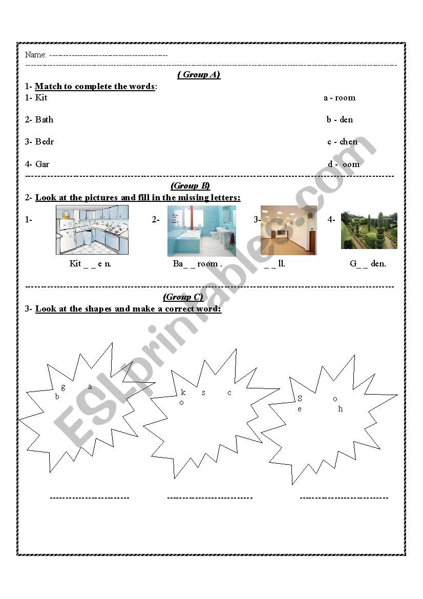 Rooms in a house worksheet