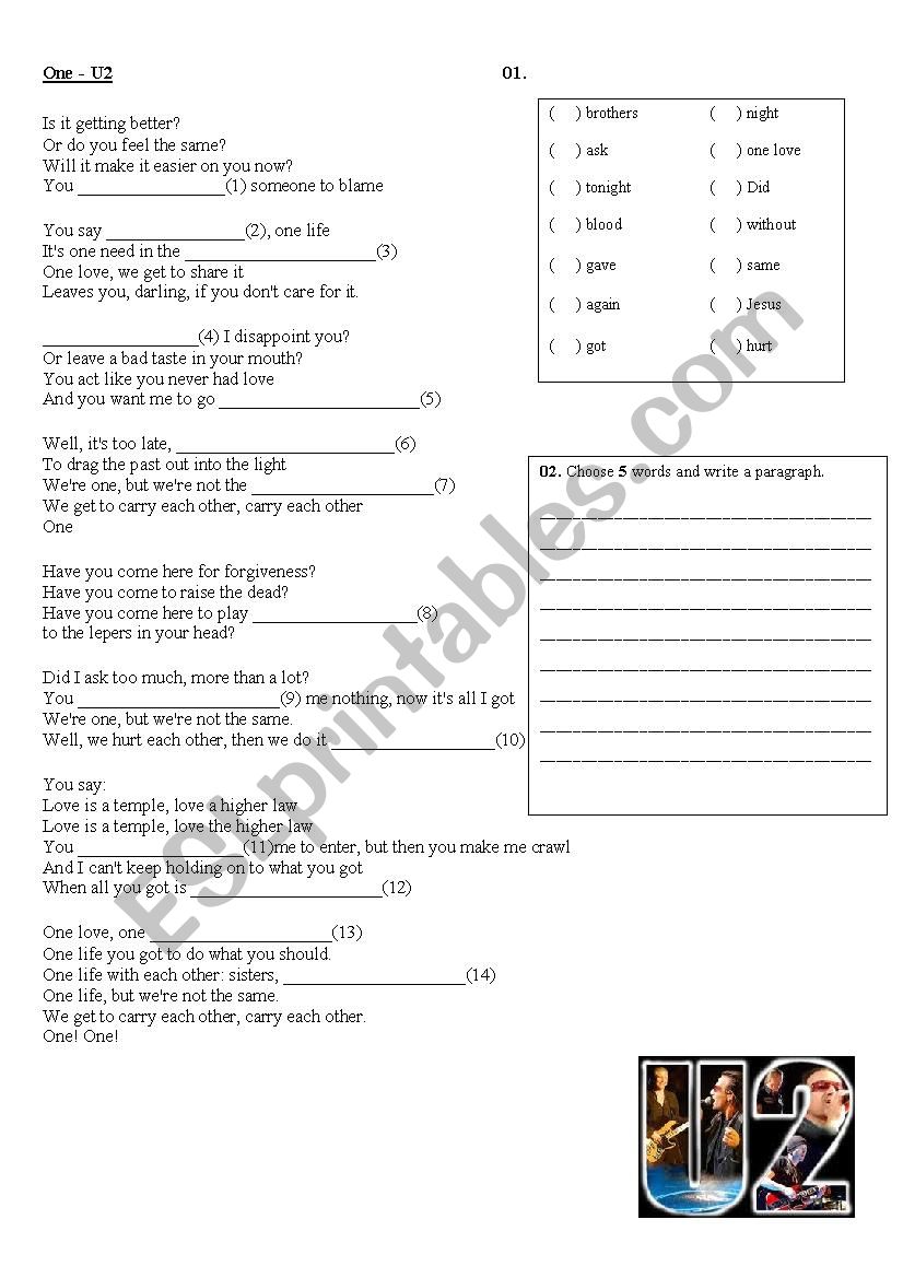 One - U2 worksheet