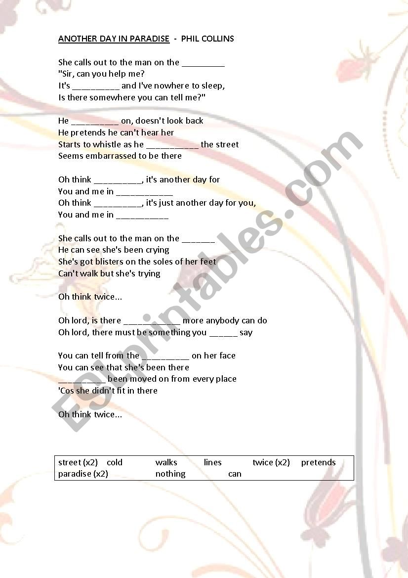 Phil Collins - Its just Another Day In Paradise song worksheet