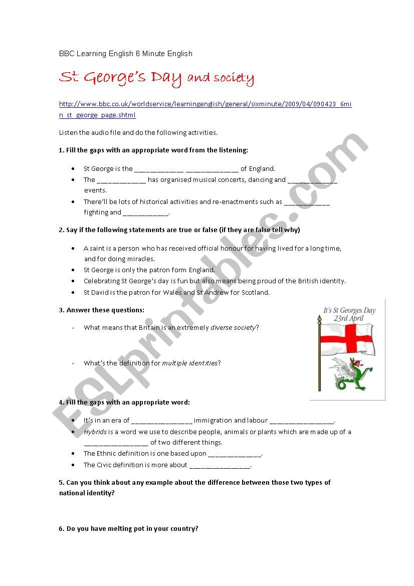 st Georges day - listening worksheet