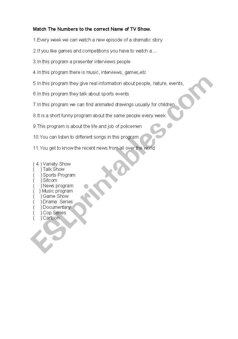 TV programs worksheet