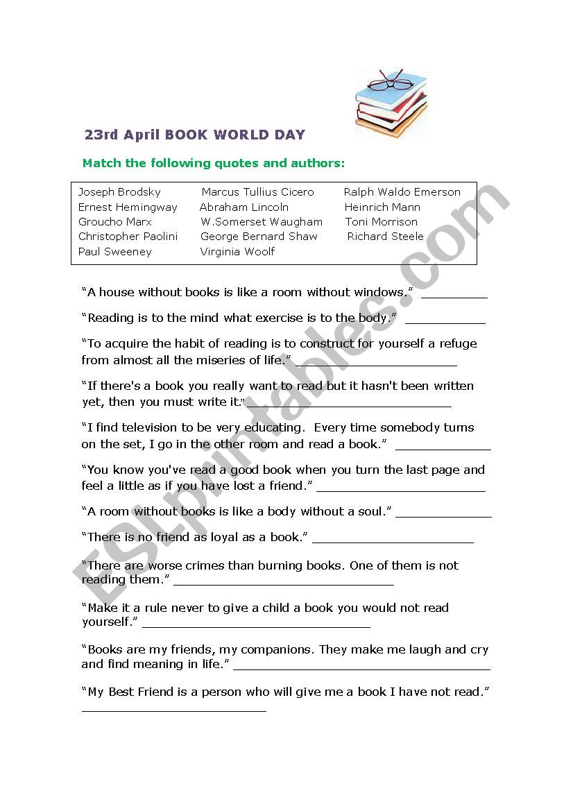 World Book Day 23rd April worksheet