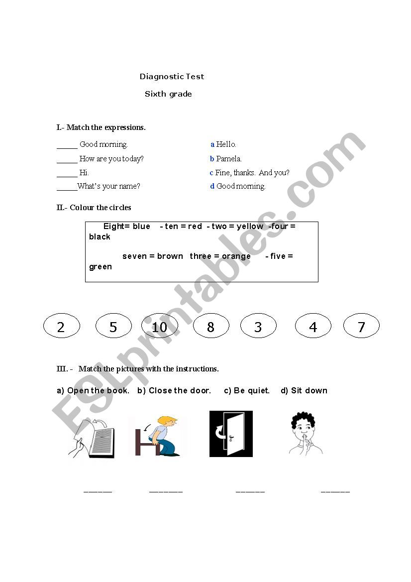 Diagnostic test sixth grade worksheet