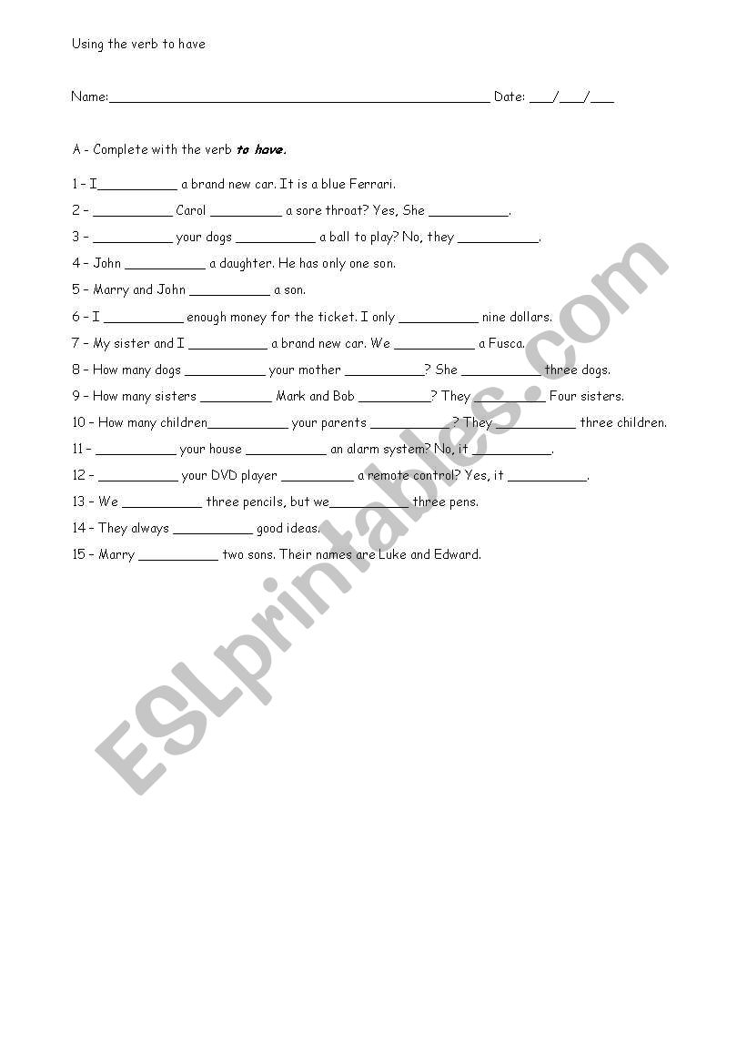 Verb to have worksheet