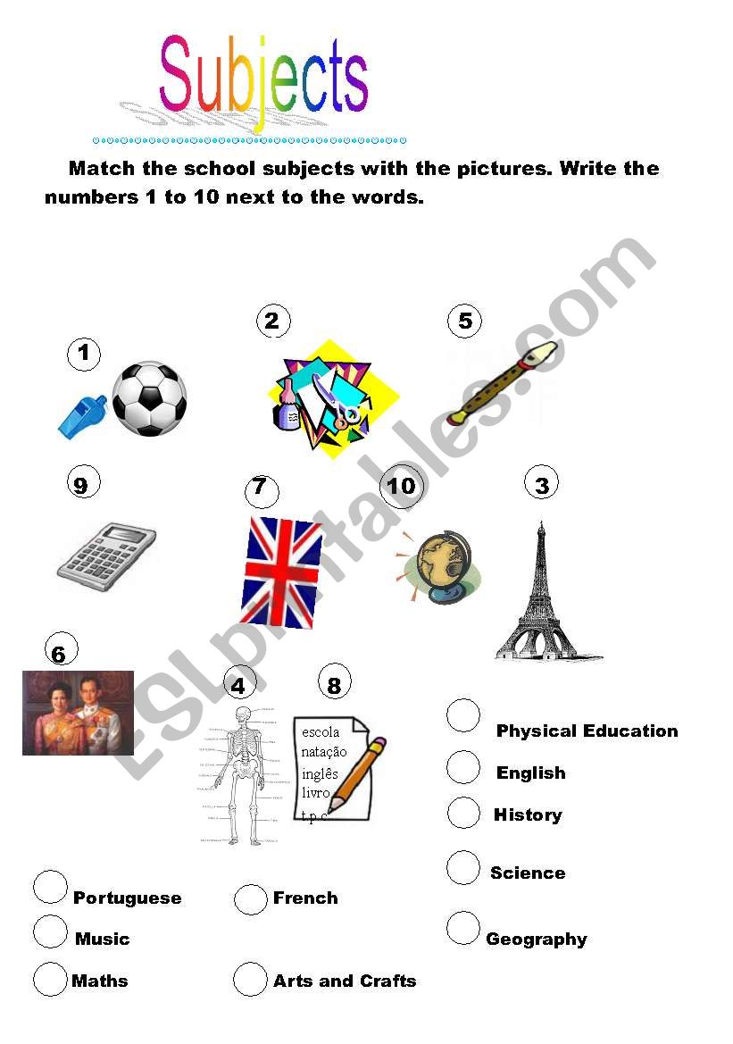 School subjects worksheet